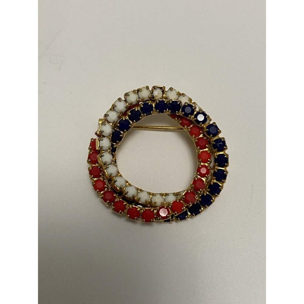 Patriotic Brooch Red White Blue Rhinestone Circle Pin Mid Century Vintage